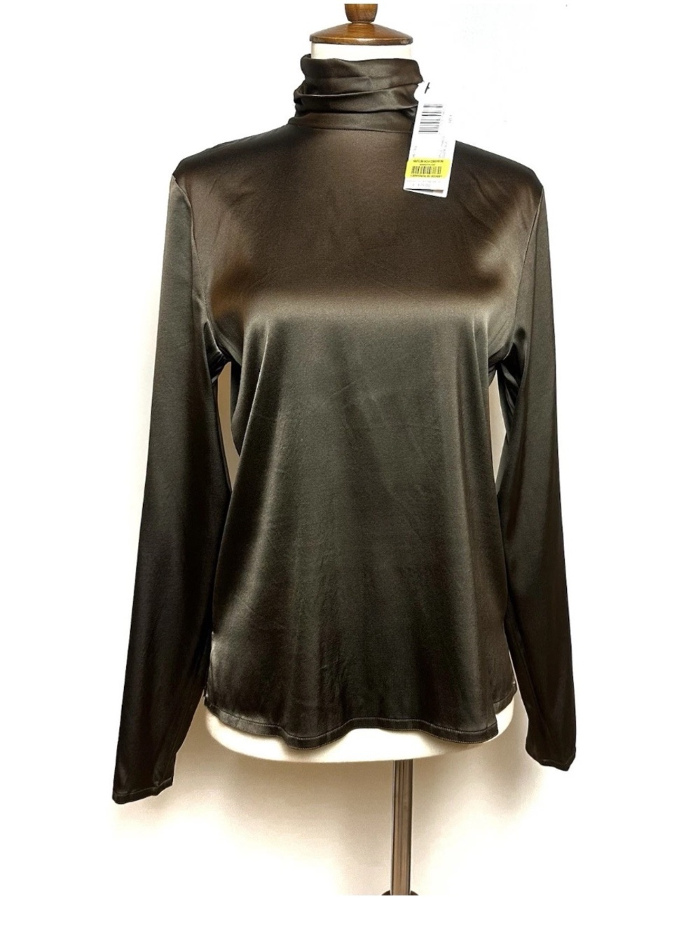 Linda Allard Ellen Tracy Size 8 (S) 92% Silk Blouse Olive Green Turtleneck NWT